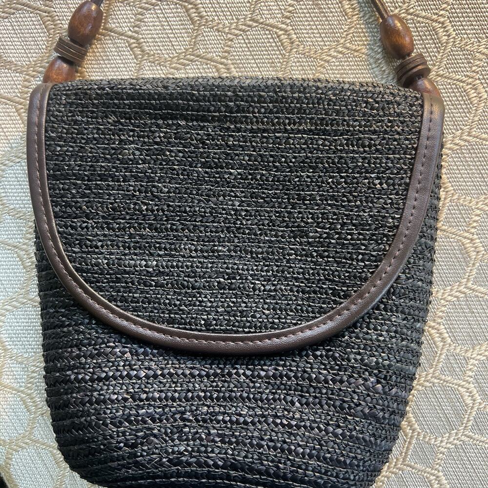 Saddle Bag Black Wheat Straw Boho Chic Crossbody Purse Resort Summer Wood Beads
